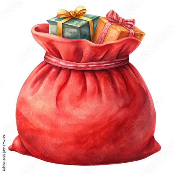 Fototapeta Festive watercolor illustration of Santa's red sack filled with colorful Christmas gifts. Brimming with presents, symbolizing the joy and generosity. Isolated on transparent background, png.