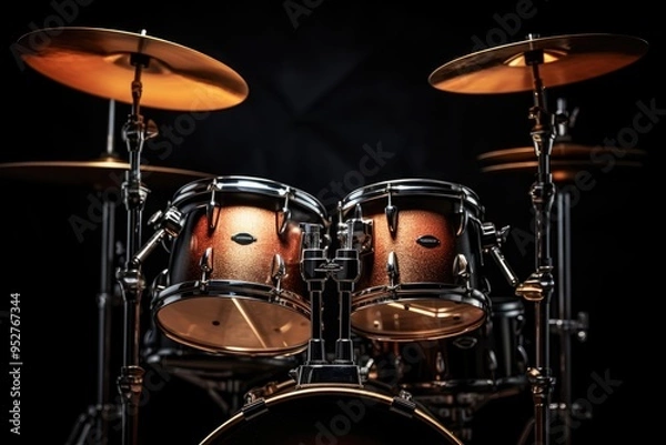 Fototapeta Close-up of a Drum Set with Cymbals Against a Black Background
