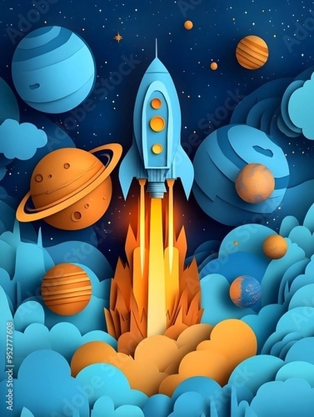 Fototapeta A blue and orange paper craft rocket blasts off into the starry night, surrounded by planets and clouds.