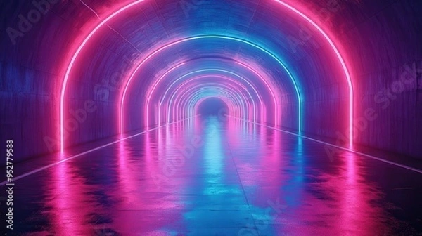 Obraz 3D render of an empty performance stage in a long corridor with a road floor reflecting pink and blue glowing lines under ultraviolet light.