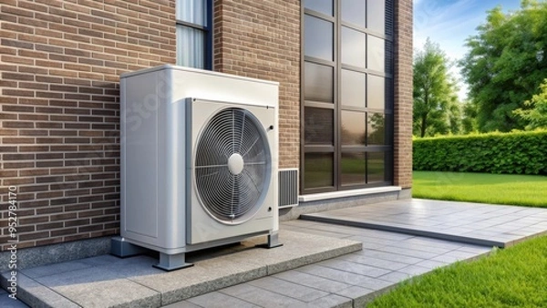 Fototapeta Air source heat pump installed outside a residential building , clean energy, sustainable, residential