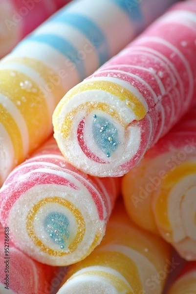 Fototapeta A close-up of colorful swirled candy sticks with sugar crystals, showcasing vibrant textures and hues.