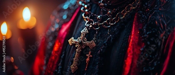 Fototapeta Close-up of an ornate cross pendant on a chain, with a red and black background, and candlelight ambience creating a moody atmosphere.