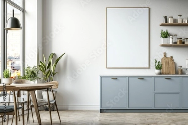 Fototapeta Poster Mockup in Kitchen Interior with White Wall created with Generative AI