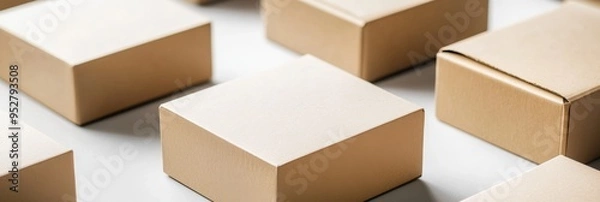 Fototapeta Multiple cardboard boxes are neatly arranged on a clean surface, presenting blank surfaces perfect for branding or product mockup use in a commercial context