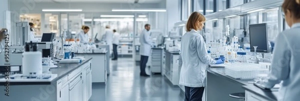 Obraz A team of scientists and technicians actively engages in pharmaceutical research within a modern, well-equipped laboratory, showcasing collaboration and innovation