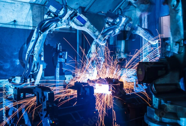Obraz Ruch robotów spawalniczych w fabryce samochodów