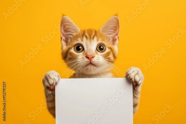 Fototapeta Cute cat holds a mock-up blank sheet of paper in its paws, set against a solid background, for adding custom text or designs.