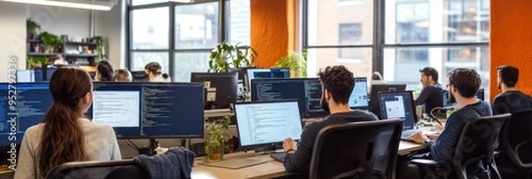 Fototapeta A diverse group of software developers engages in teamwork at their desks in a modern office, surrounded by large windows and vibrant greenery, focusing on their computer screens