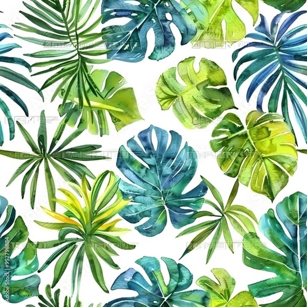Fototapeta Hand drawn watercolor floral tropical seamless pattern with green monstera leaves and palm tree leaves on white background isolated with white highlights