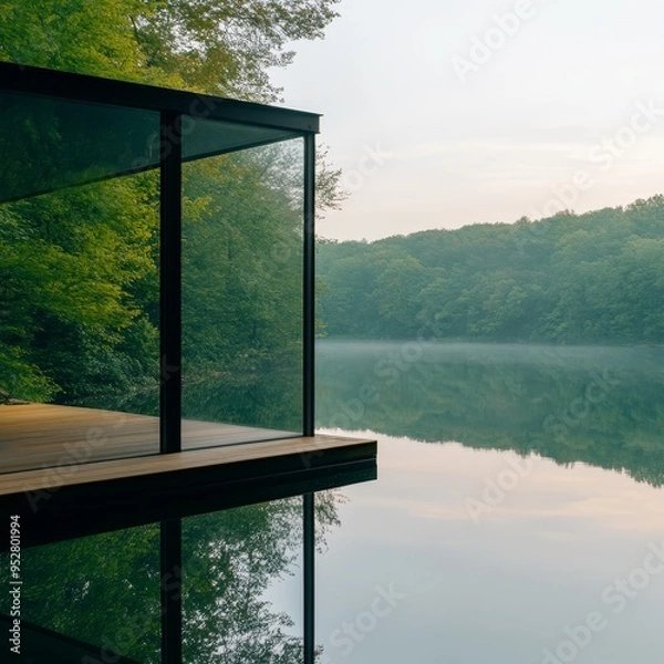 Fototapeta A serene lakeside cabin with expansive glass walls offering panoramic views of the tranquil lake and surrounding forest. The minimalist design creates a sense of peace and connection with nature.