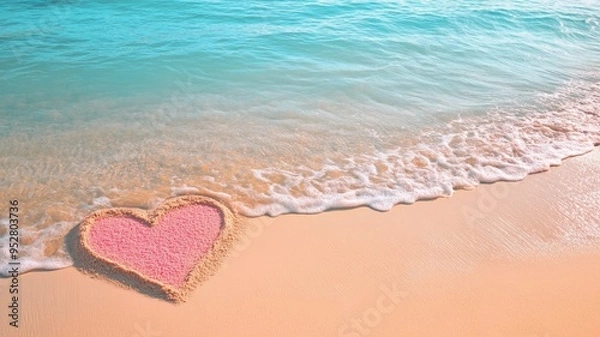 Fototapeta A pink heart drawn in the sand on a beach, with gentle waves lapping nearby, evoking a sense of love and tranquility.