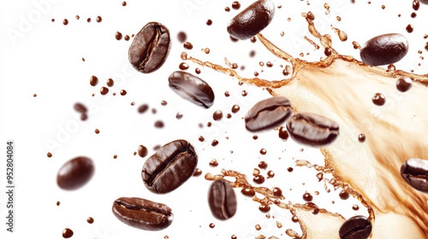 Fototapeta This image captures a dynamic coffee splash, with rich, dark coffee swirling through the air against a crisp white background. Scattered around the splash are whole coffee beans, adding a touch of tex