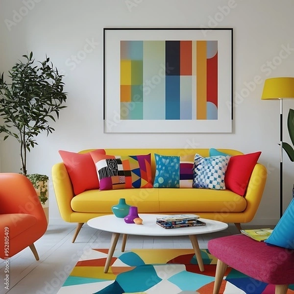 Obraz Scandinavian interior design of modern living room with vibrant colorful multicolored furniture