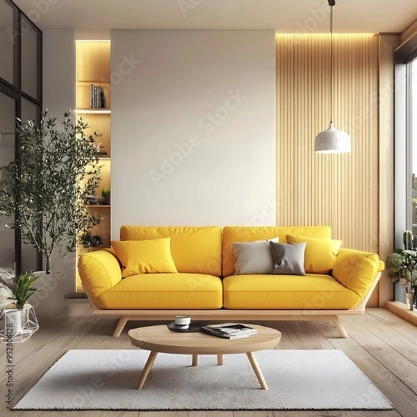 Obraz Scandinavian interior design of modern living room with yellow sofa