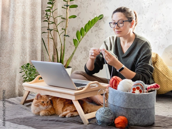 Fototapeta Ginger cat looks how woman is crocheting while watching movie on laptop. Learn to knit from video lessons on Internet. Cozy home and anti stress hobby.