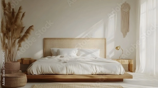 Fototapeta Cozy Bohemian Inspired Bedroom with Woven Headboard and Rustic Nightstand