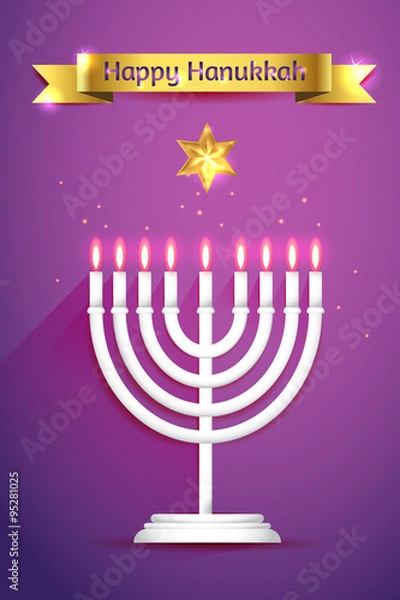 Obraz Hanukkah vector 3d candles, traditional religious holiday greeting card with golden ribbon