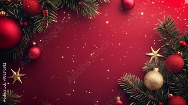 Fototapeta Festive christmas background featuring sparkling lights, ornaments, and fir tree branches, creating a warm and inviting holiday atmosphere. Backdrop with copy space