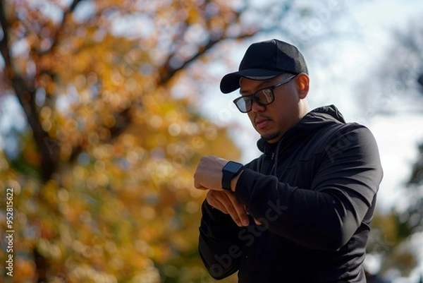 Fototapeta In a serene park setting, a jogger pauses to check a notification on their smartwatch