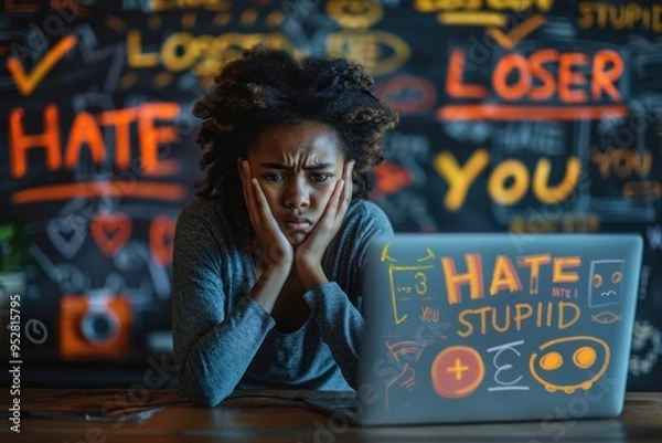 Fototapeta A African teenager with a sad expression sits in front of a laptop covered in hateful messages, surrounded by words of harassment, representing the emotional damage caused by cyberbullying.
