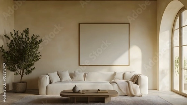 Fototapeta A minimalist living room featuring a white sofa, a vintage coffee table, an arched window, and a large, empty art poster frame, with a houseplant next to the coffee table and a throw blanket draped