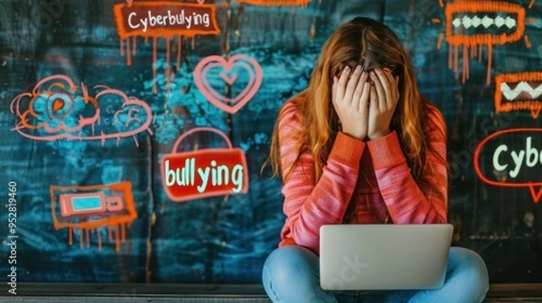Fototapeta Young girl covers her face in despair while using a laptop, with cyberbullying-related imagery behind her, representing the overwhelming impact of online abuse on mental health.