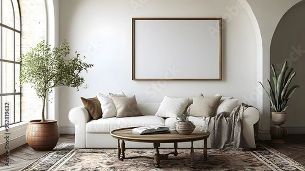 Fototapeta A modern living room featuring a white sofa, a vintage coffee table, an arched window, and a large, empty art poster frame, with a patterned rug beneath the coffee table and a throw blanket draped