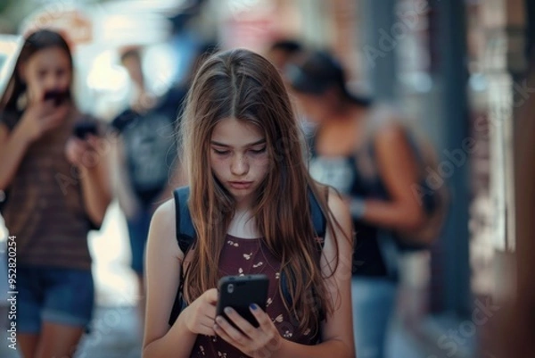 Fototapeta A young girl walks alone, focused on her smartphone, with a concerned expression, symbolizing the isolation and anxiety caused by cyberbullying and social media pressure.
