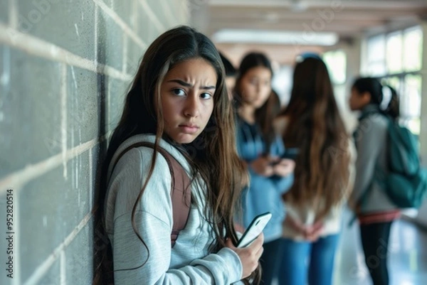 Fototapeta A worried teenage girl stands alone against a wall, holding her phone, while a group of peers in the background appears to be talking, highlighting the anxiety and isolation caused by bullying.