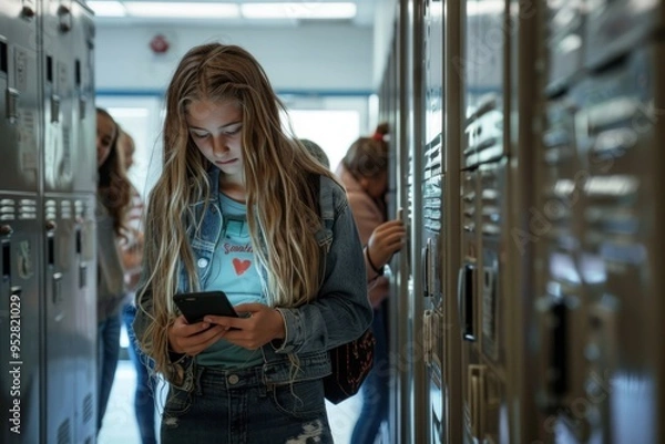 Fototapeta A sad young girl checks her smartphone, surrounded by peers who are similarly engrossed in their phones, representing the loneliness and stress linked to cyberbullying in the digital age.
