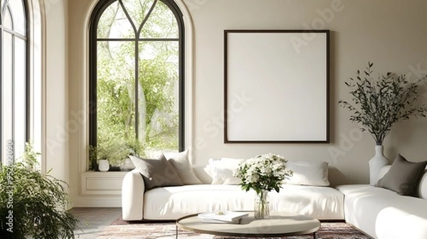 Obraz A modern living room featuring a white sofa, a vintage coffee table, an arched window, and a large, empty art poster frame, with a patterned rug beneath the coffee table and a vase of fresh flowers