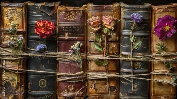 Fototapeta A collection of old books tied with a thin rope, adorned with flowers, creating a vintage, poetic scene full of romance.