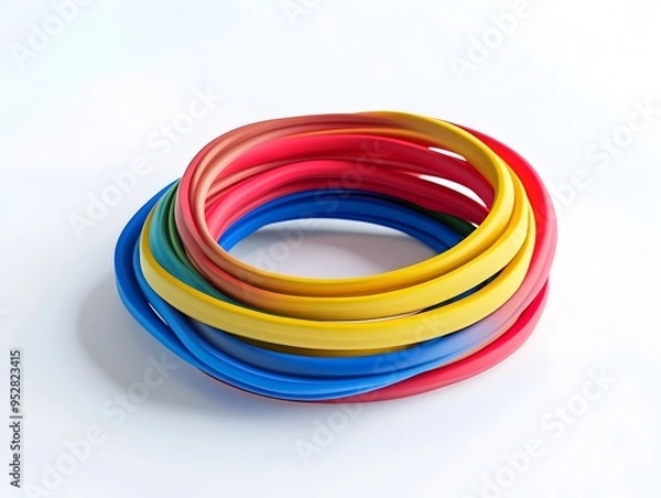 Fototapeta Vibrant Set of Resistance Bands in Multiple Tension Levels Placed on Bright White Backdrop for Fitness and Workout Concepts