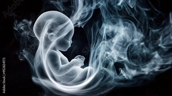 Obraz Digital composite of Baby in white smoke against black background with copy space
