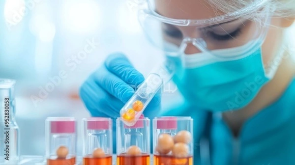 Fototapeta Researcher using microencapsulation for controlled drug release, targeted delivery, biopharmaceutical technology