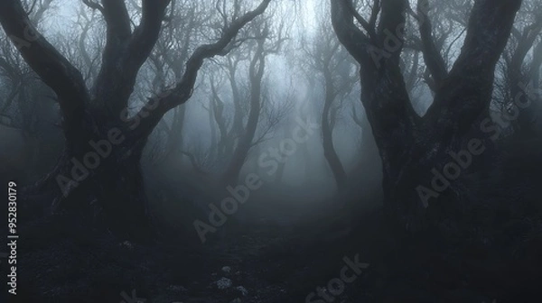 Obraz Haunting Dark Forest with Twisted,Gnarled Trees Shrouded in Mist and Fog