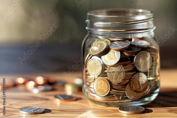 Fototapeta close-up shot of a glass jar filled with coins, labeled with Emergency Fund on a wooden desk. The image depicts concepts of salary, money management, budgeting, and saving