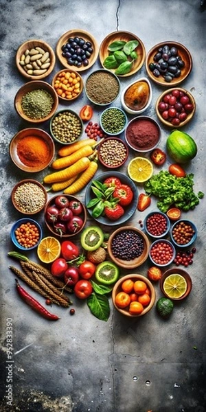Fototapeta Colorful arrangement of fresh vegetables, fruits, and spices on a textured surface