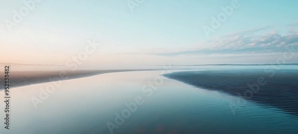 Fototapeta A calm, misty beach at dawn with a clear sky area for text