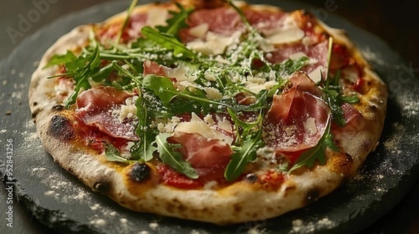 Fototapeta gourmet pizza featuring a unique combination of flavors such as truffle oil, wild mushrooms, and fontina cheese, elegantly plated in a modern restaurant setting