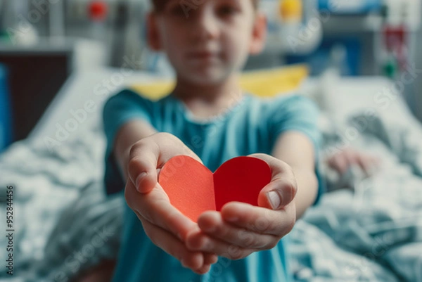Obraz A sick child holds a paper heart as a sign of hope. Concept of cancer patients, children in hospitals, help little patients