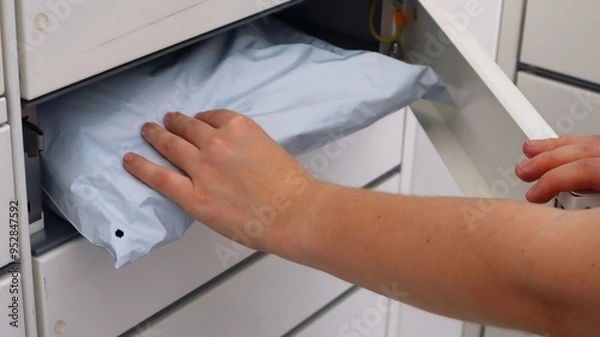 Fototapeta A person picks up a parcel from a parcel terminal. The hand holds the packaged goods for sending through a mailbox.