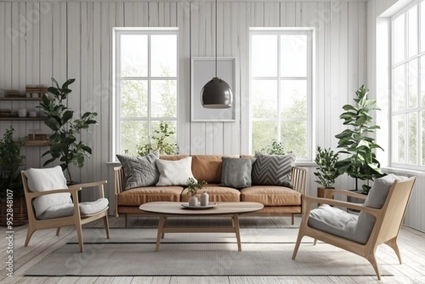 Fototapeta Cozy Scandinavian Living Room: A serene and inviting living space with a rustic, yet modern aesthetic. Sunlight streams through large windows illuminating the warm wood tones and plush textiles of the