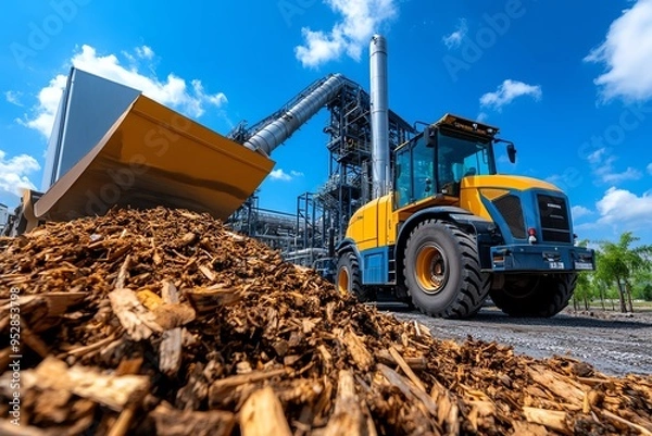 Fototapeta Biomass plant operation is showcased in a realistic photo capturing the daily activities and machinery of a bioenergy facility