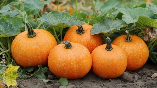 Fototapeta Cluster of ripe pumpkins growing in a garden during autumn harvest season