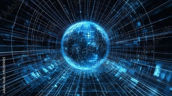 Fototapeta A glowing blue sphere within a digital tunnel