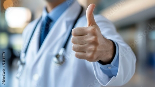 Fototapeta A doctor in a white coat with a stethoscope gives a thumbs up in the background of the clinic