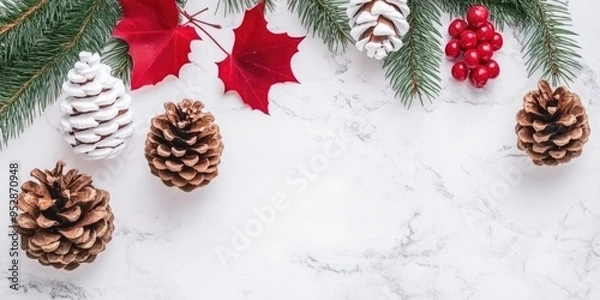 Fototapeta Festive Winter Background with Pine Cones, Evergreen Branches, and Red Leaves on Marble Texture