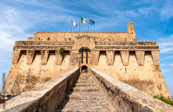 Fototapeta Front view of Spanish Fortress, coastal fortification built in late 16th century in Porto Santo Stefano, along Monte Argentario coast, province of Gross